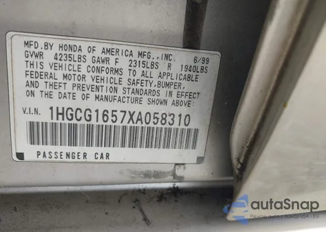 1999 Honda Accord Ex V6 z USA, uszkodzony, nr VIN 1HGCG1657XA058310